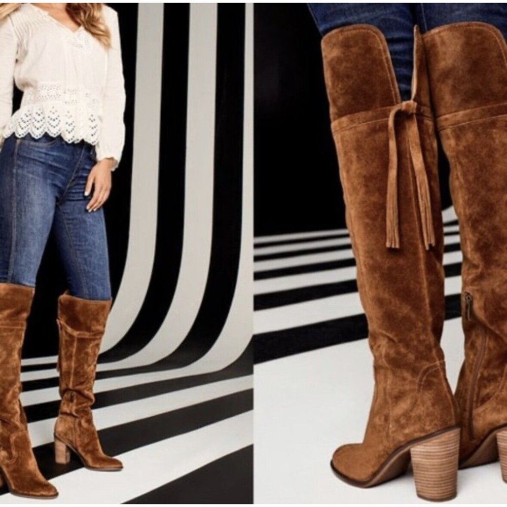 Franco Sarto Women Elnora Over-The-Knee Fringe Boots Suede Leather Upper Brown